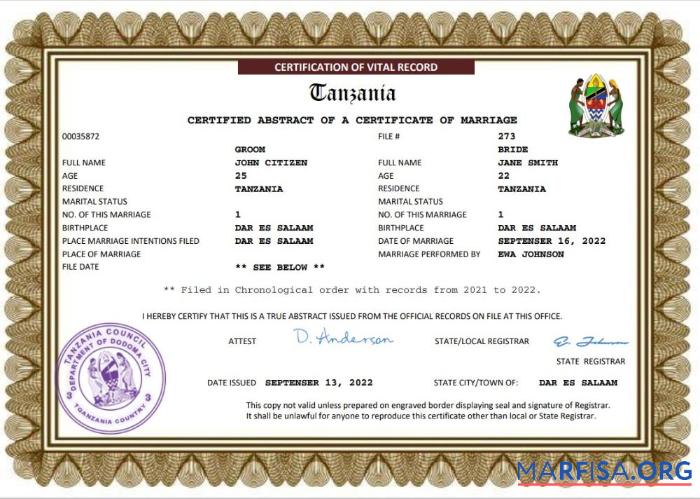 Realistic Tanzania marriage certificate Word and PDF template